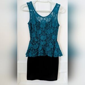 Teal Lace Peplum Tank Dress with Black Skirt